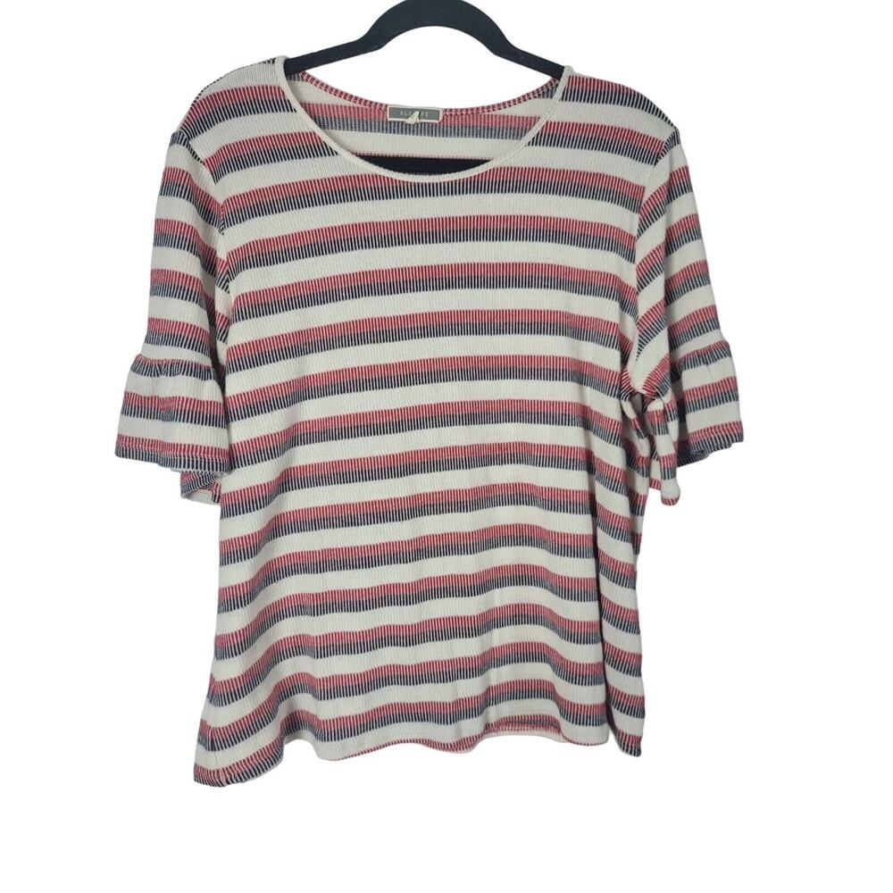 Pleione Short Flouce Sleeve Blouse XL Womens Crew Neck Pullover Red White Blue